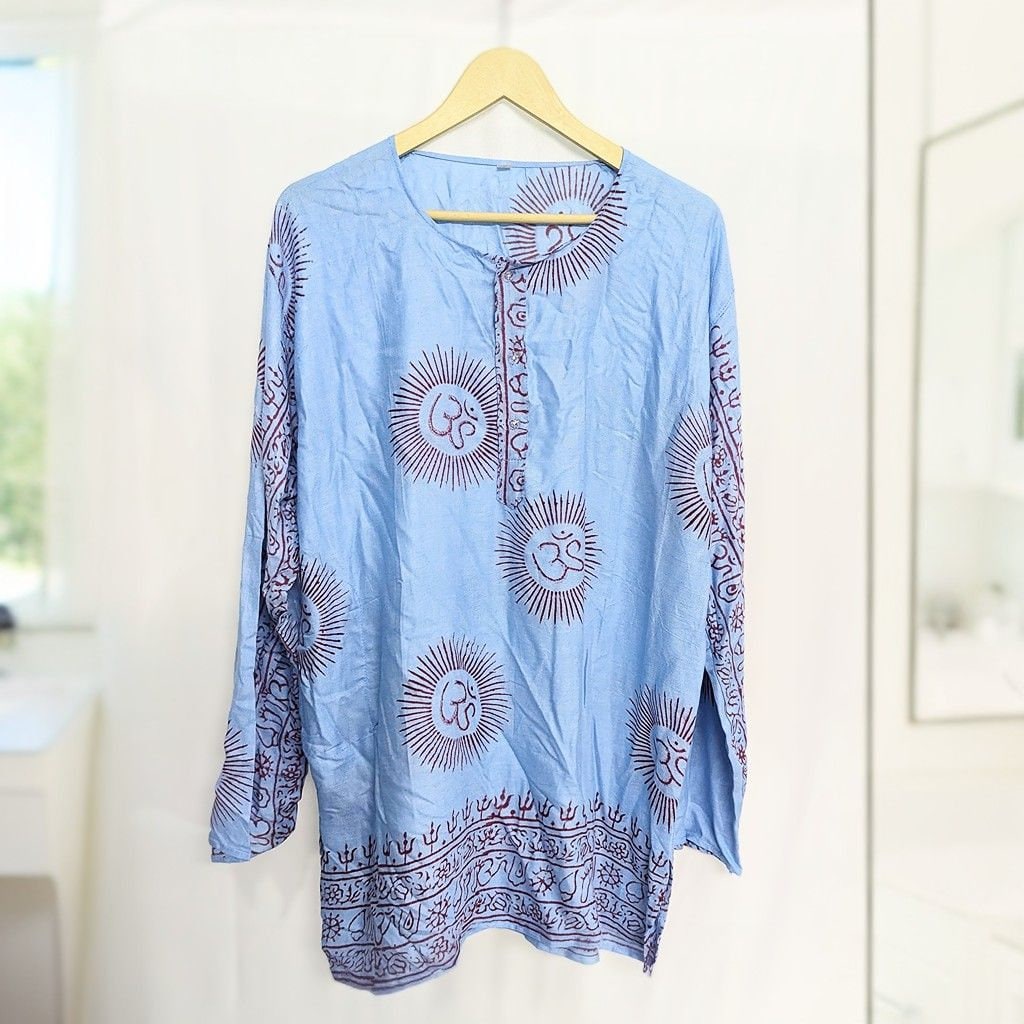 Handmade Rayon Om Shirt, Boho Festival Tunic, Block Printed (X-Large)