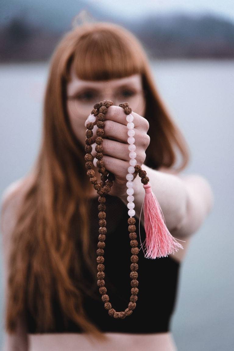 Rose Quartz Rudraksha Bead Mala, Love and Healing Energy