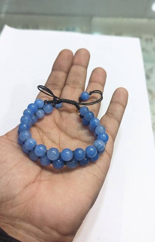 Natural Blue Jade Beaded Bracelet, Macrame Adjustable, Healing Gemstone