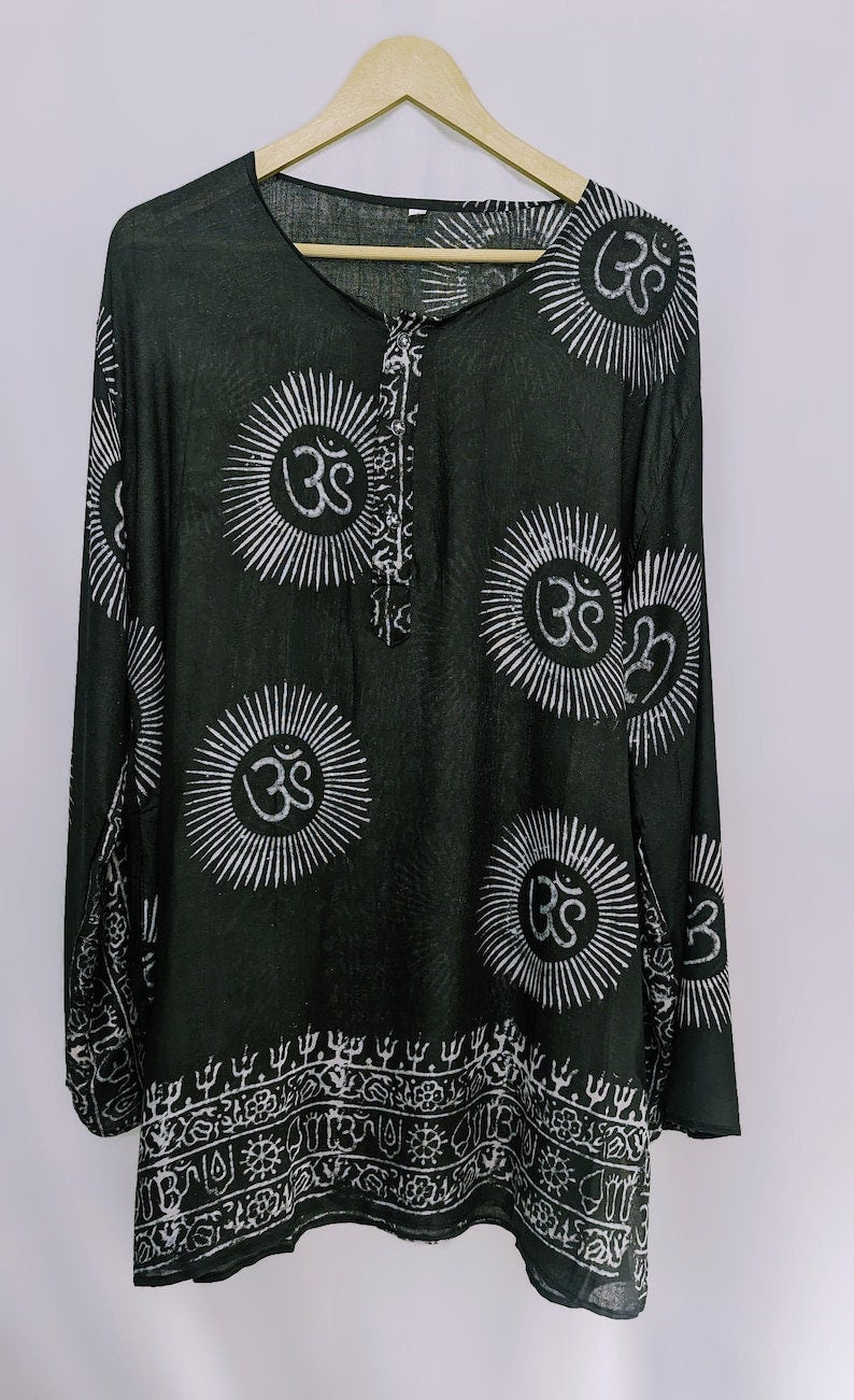 Handmade Om Shirt, Indian Block Print, Boho Festival Tunic, L- size