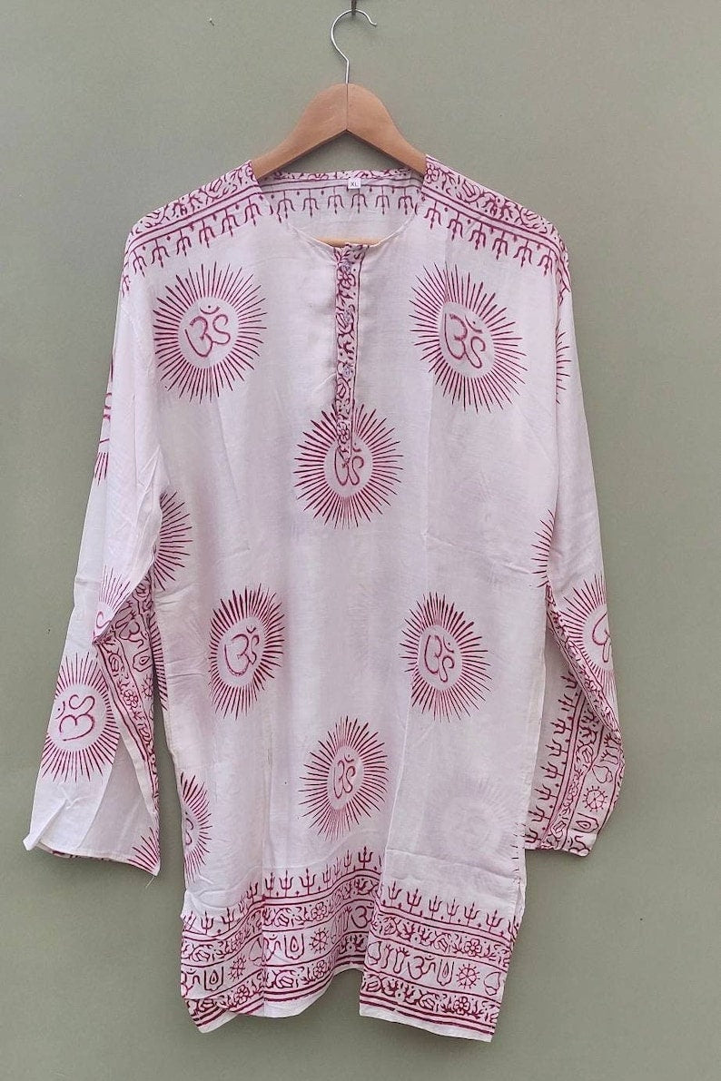 Om Shirt Handmade Vintage Style Clothing , Comfy Boho Style, Unisex Festival Tunic, Unique Hand Block Printed , Medium Size.