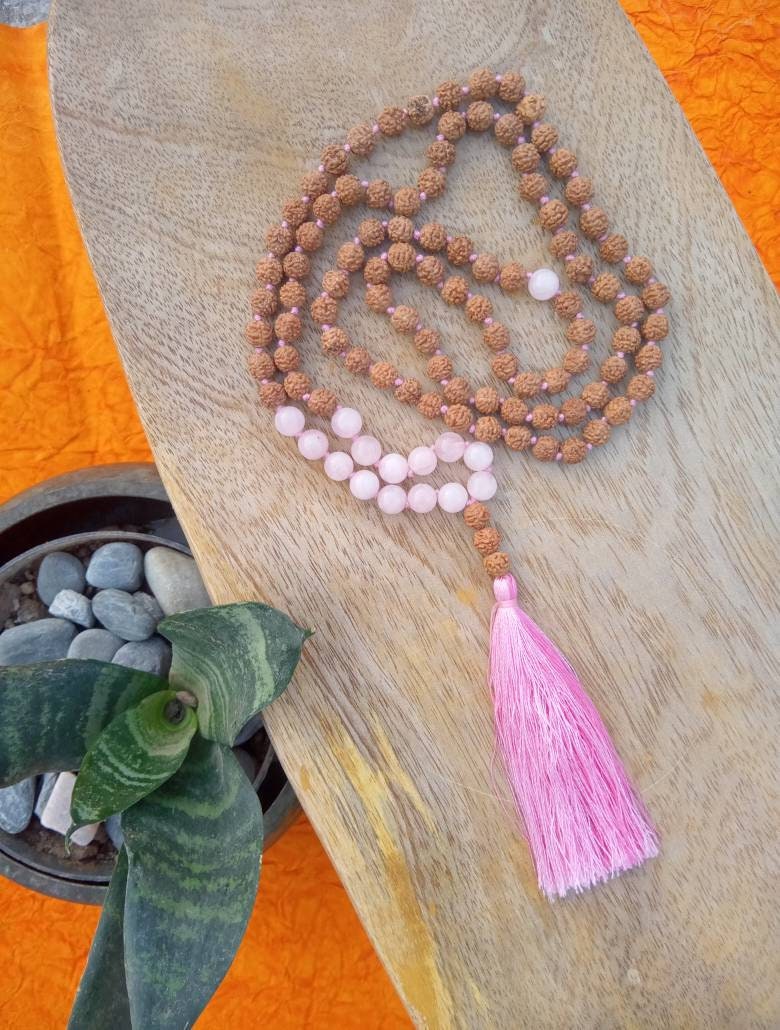 Rose Quartz Rudraksha Bead Mala, Love and Healing Energy