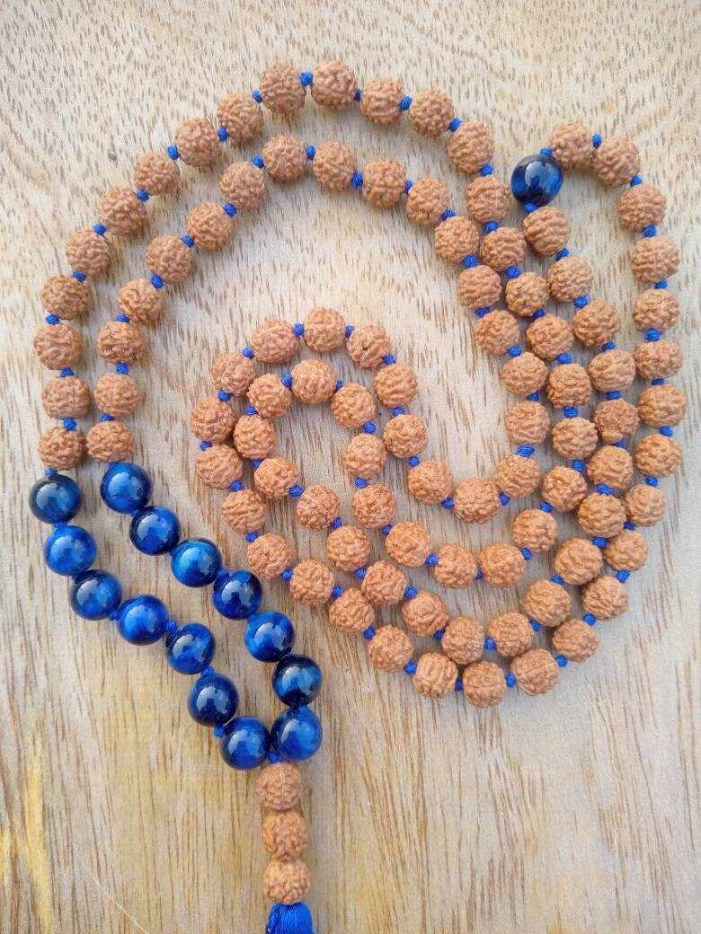 Rudraksha mala with Blue Tiger Eye ,Stone of Protection, Clear Thinking , Willpower , Success.