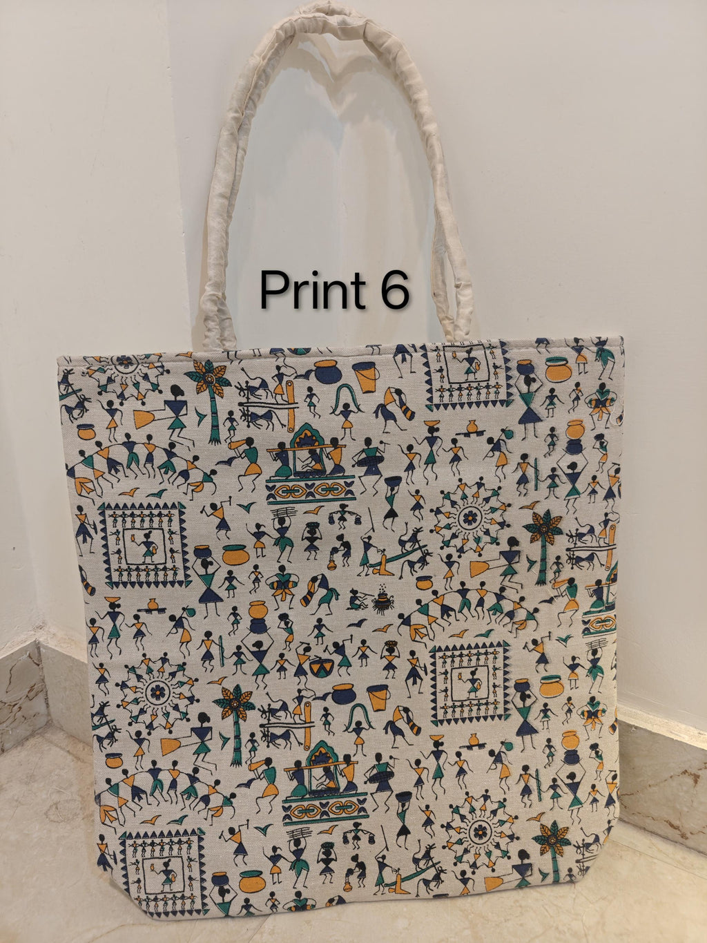 Canvas Tote Bag, Warli Art Folk Handbag, Eco-Friendly Cotton Shoulder Bag