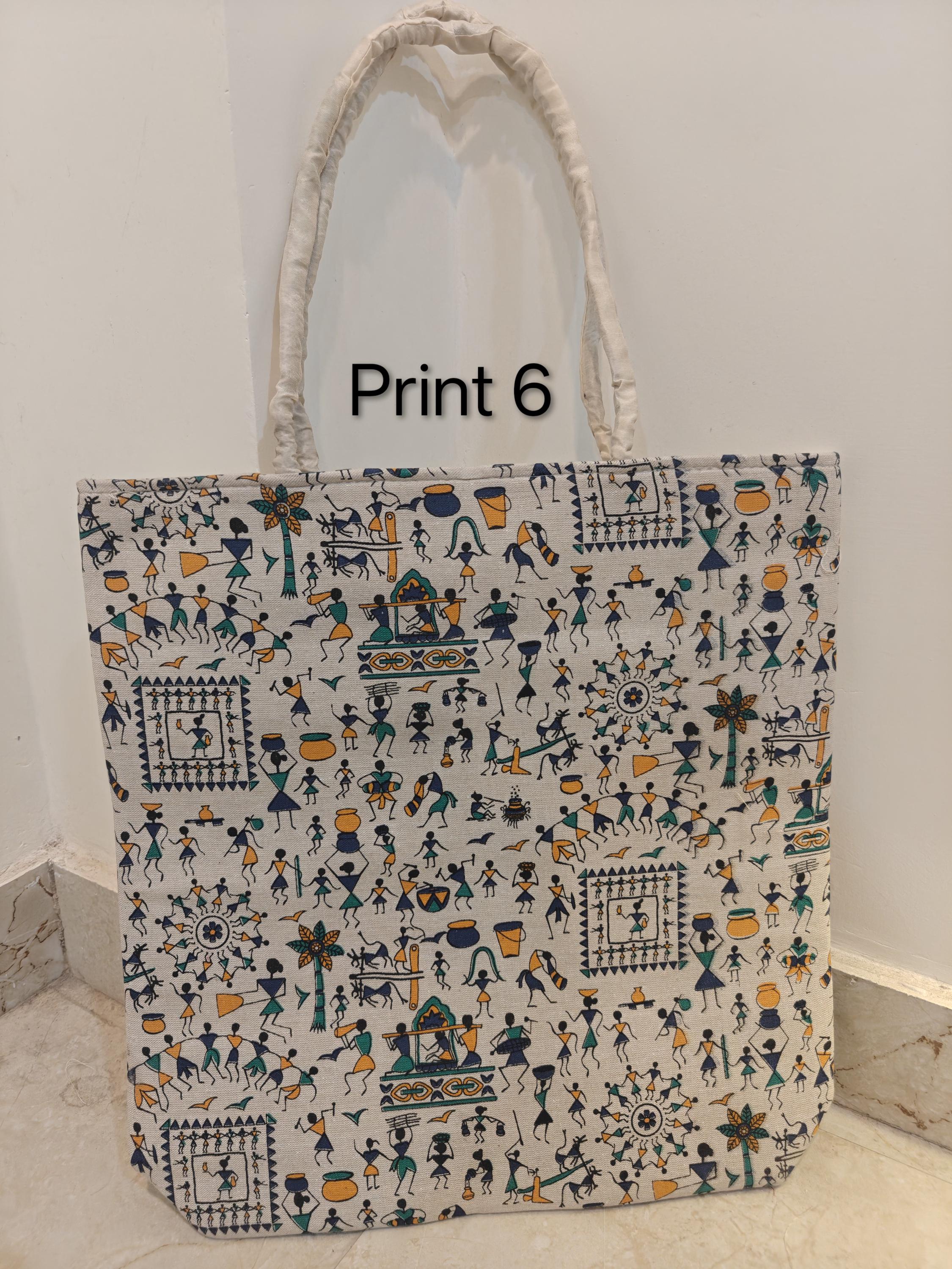 Canvas Tote Bag, Warli Art Folk Handbag, Eco-Friendly Cotton Shoulder Bag