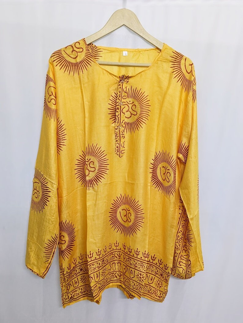 Handmade Om Shirt, Indian Block Print, Boho Festival Tunic, L- size