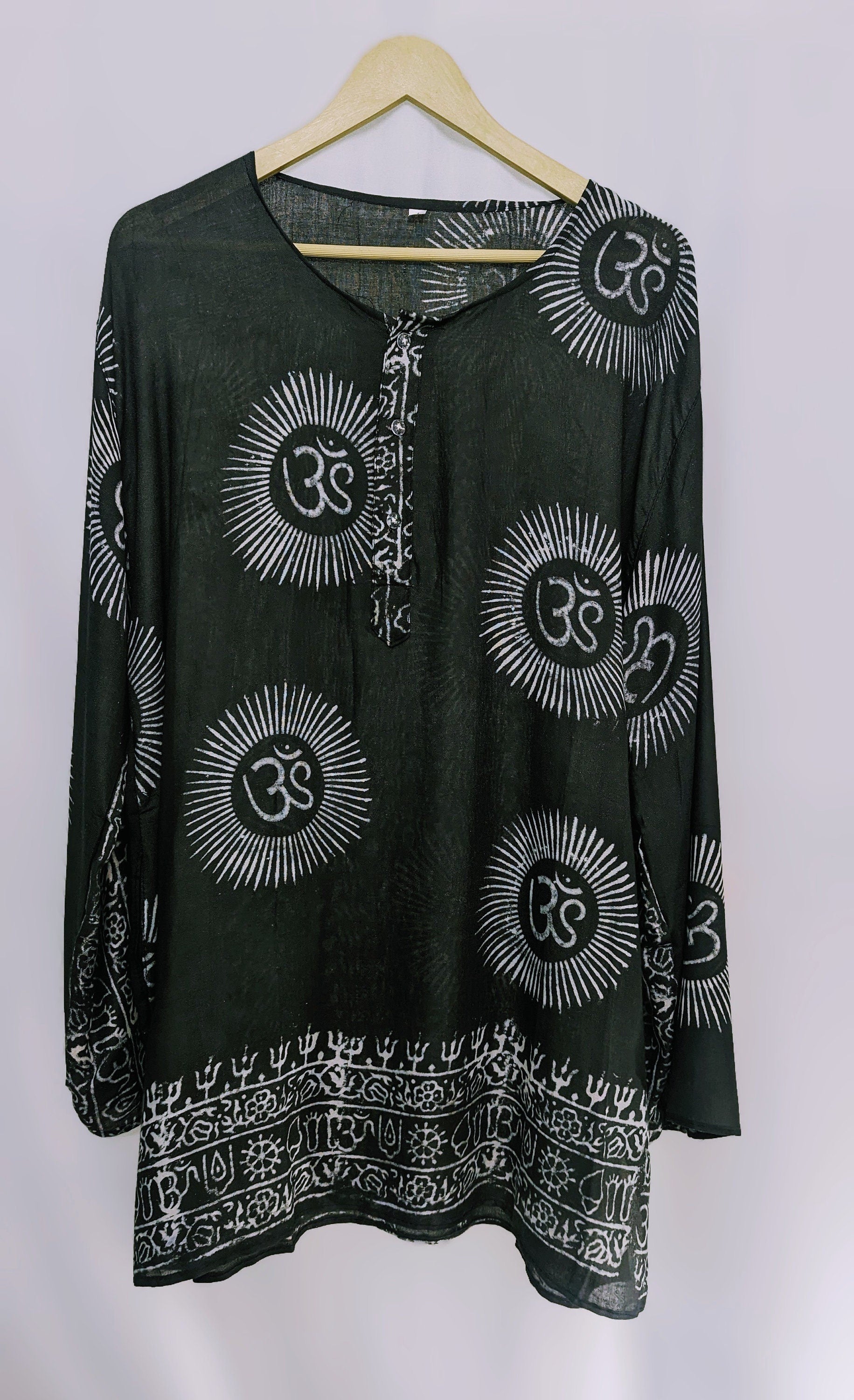Om Shirt Handmade Vintage Style Clothing , Comfy Boho Style, Unisex Festival Tunic, Unique Hand Block Printed , Medium Size.