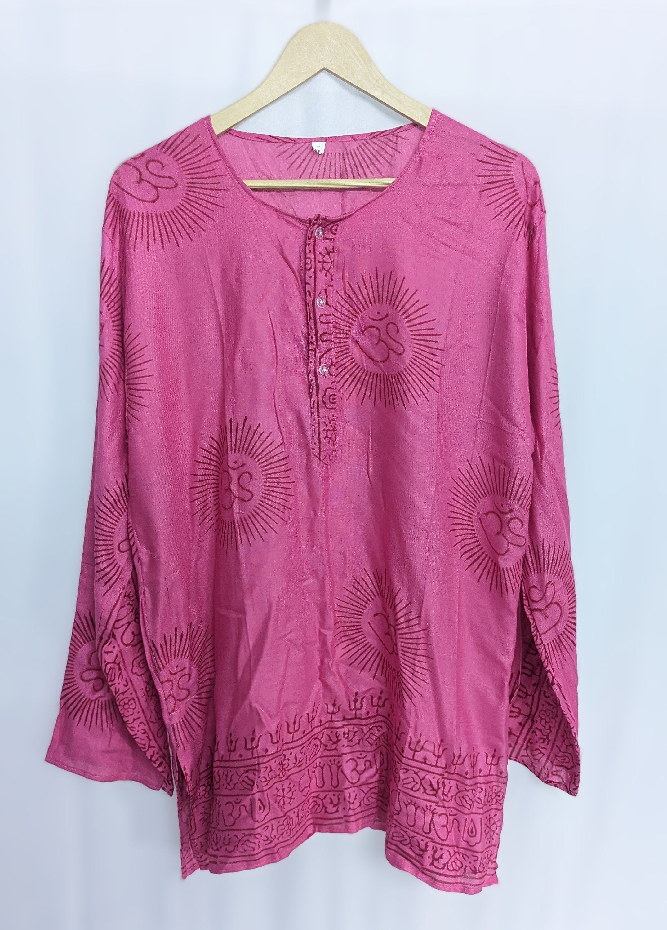 Handmade Rayon Om Shirt, Boho Festival Tunic, Block Printed (X-Large)