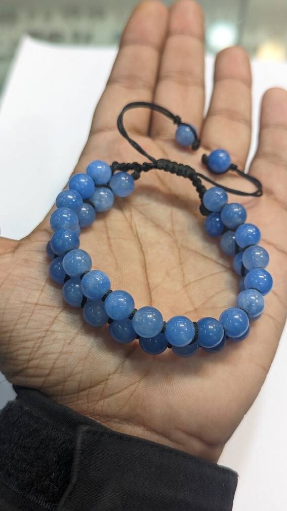 Natural Blue Jade Beaded Bracelet, Macrame Adjustable, Healing Gemstone
