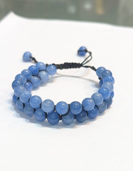 Natural Blue Jade Beaded Bracelet, Macrame Adjustable, Healing Gemstone