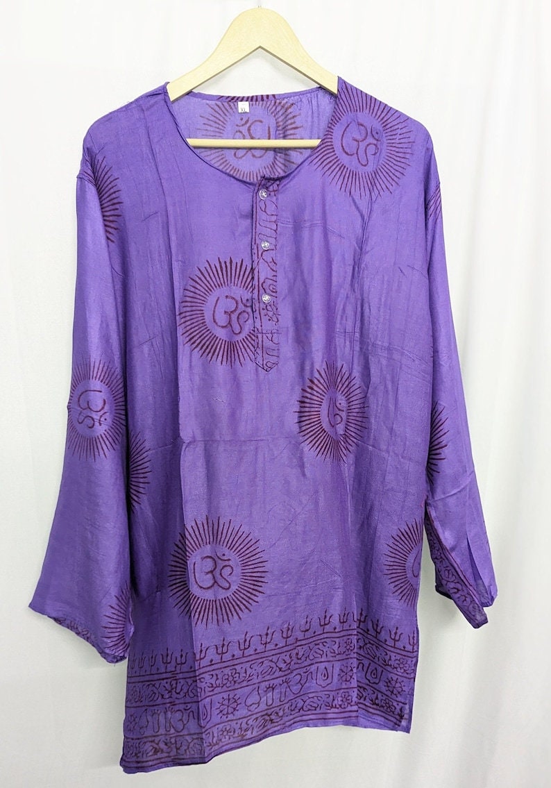 Handmade Om Shirt, Indian Block Print, Boho Festival Tunic, L- size