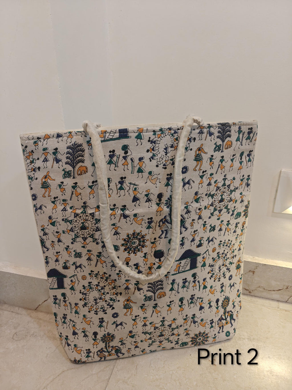 Canvas Tote Bag, Warli Art Folk Handbag, Eco-Friendly Cotton Shoulder Bag