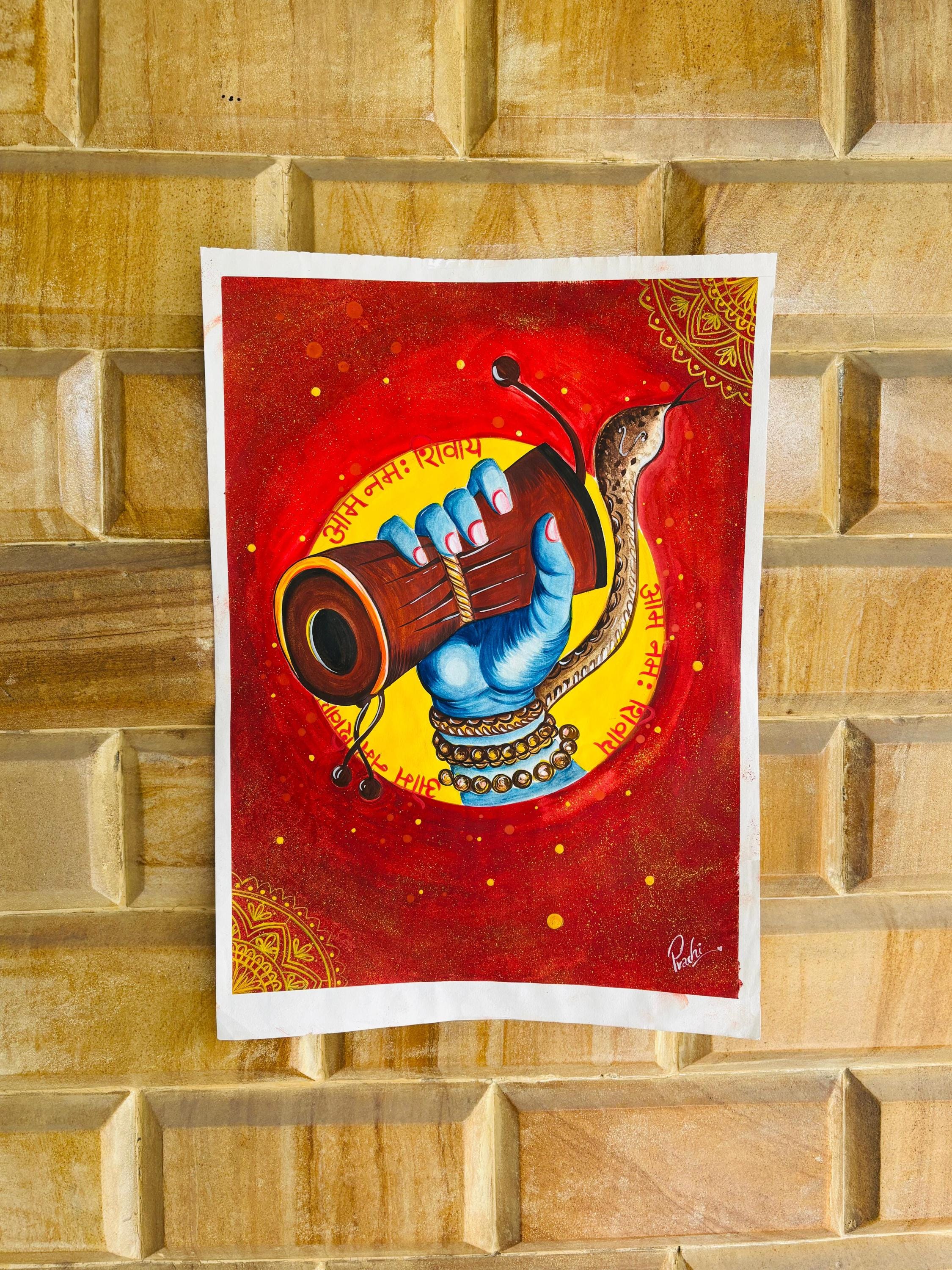 Shiva Damru painting , Original handmade Painting, Shiva Wall Decor, Handmade Spiritual Art, Yoga Gift, Yoga Art