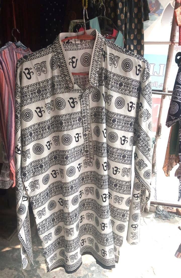 Om Print Black Cotton Kurta, Men's Short Straight Shirt