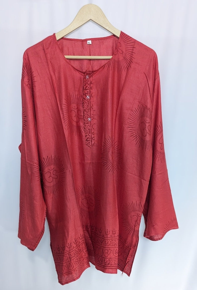 Handmade Om Shirt, Indian Block Print, Boho Festival Tunic, L- size