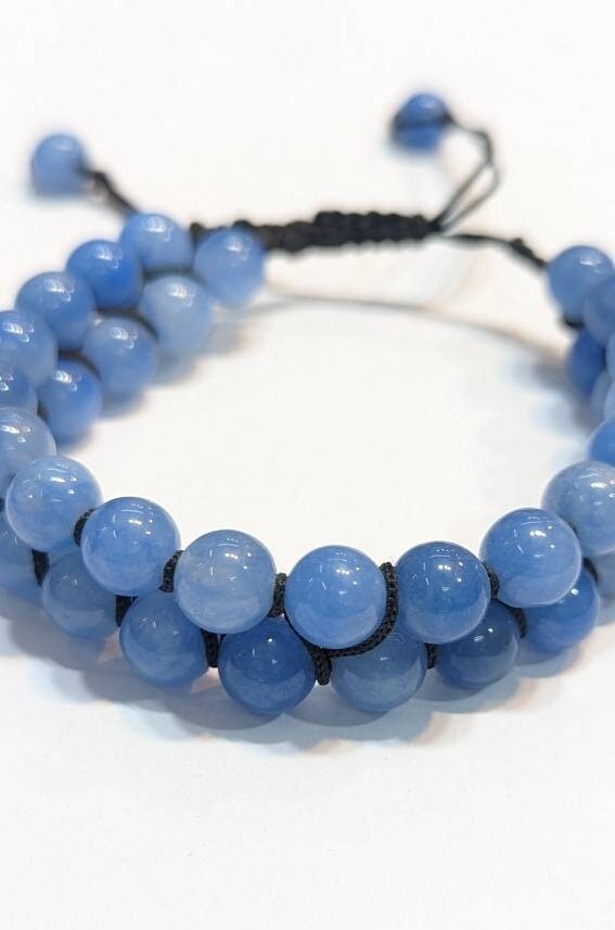 Natural Blue Jade Beaded Bracelet, Macrame Adjustable, Healing Gemstone