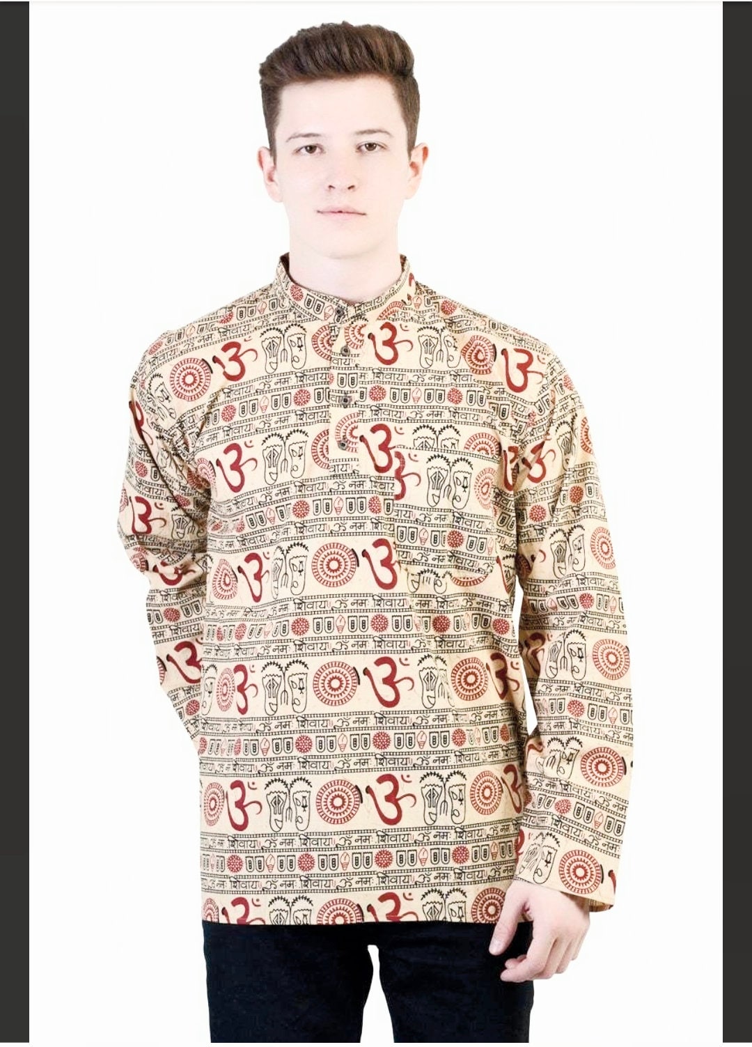 Premium Om Printed Cotton Kurta Short Straight for Men