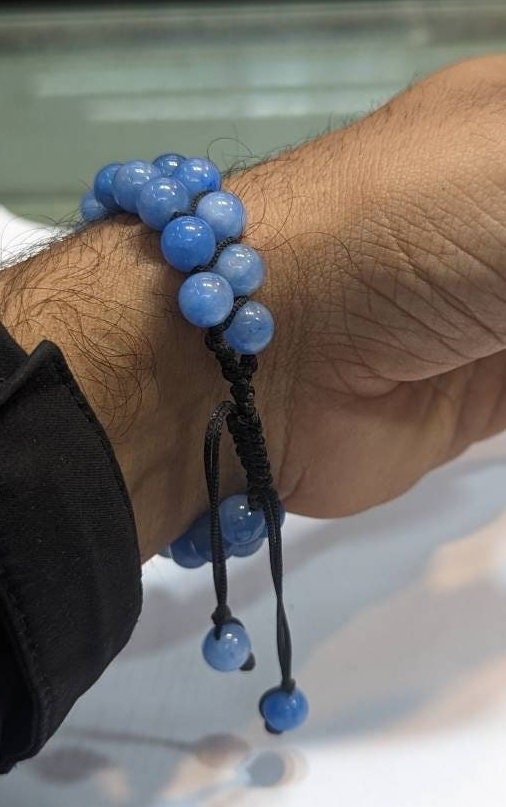 Natural Blue Jade Beaded Bracelet, Macrame Adjustable, Healing Gemstone