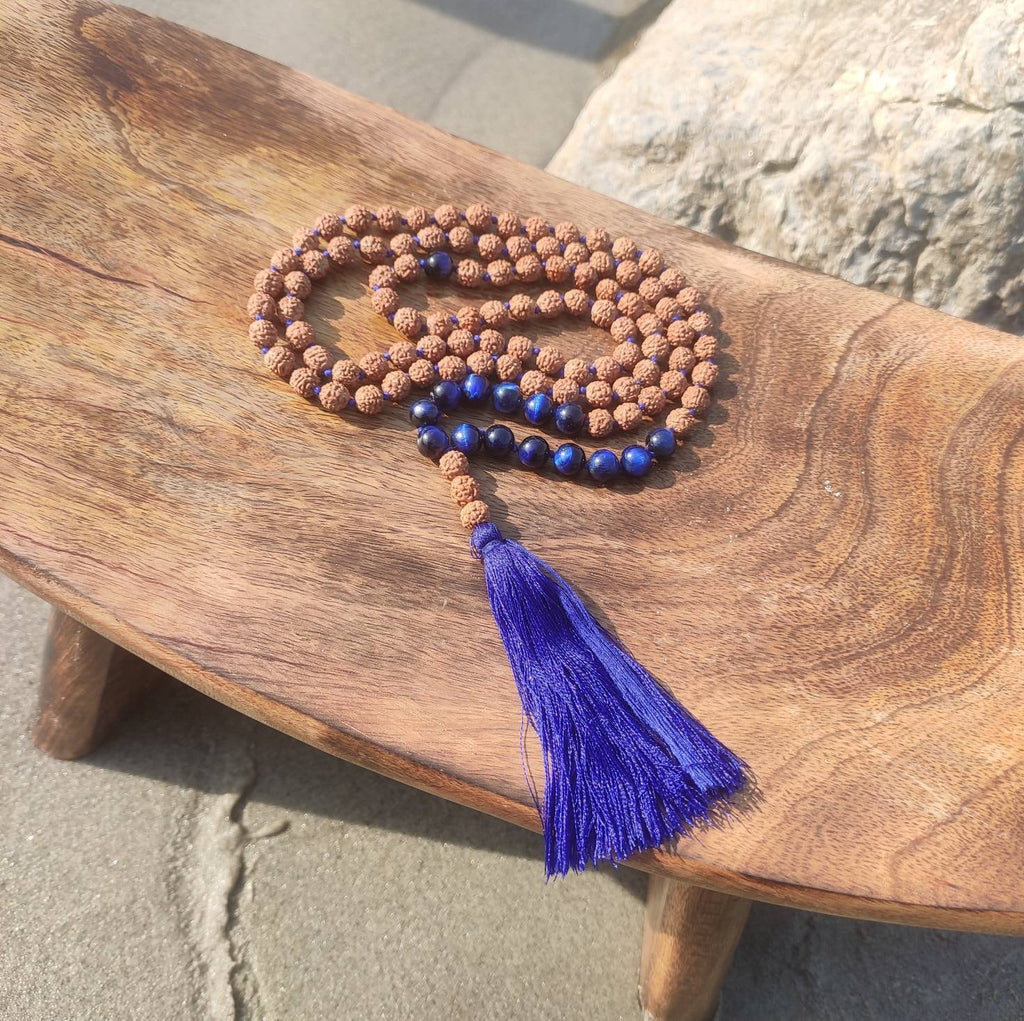 Rudraksha mala with Blue Tiger Eye ,Stone of Protection, Clear Thinking , Willpower , Success.