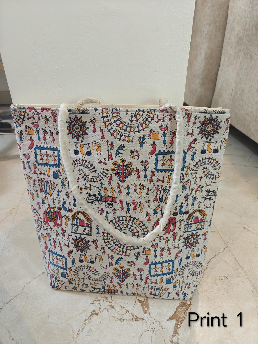 Canvas Tote Bag, Warli Art Folk Handbag, Eco-Friendly Cotton Shoulder Bag