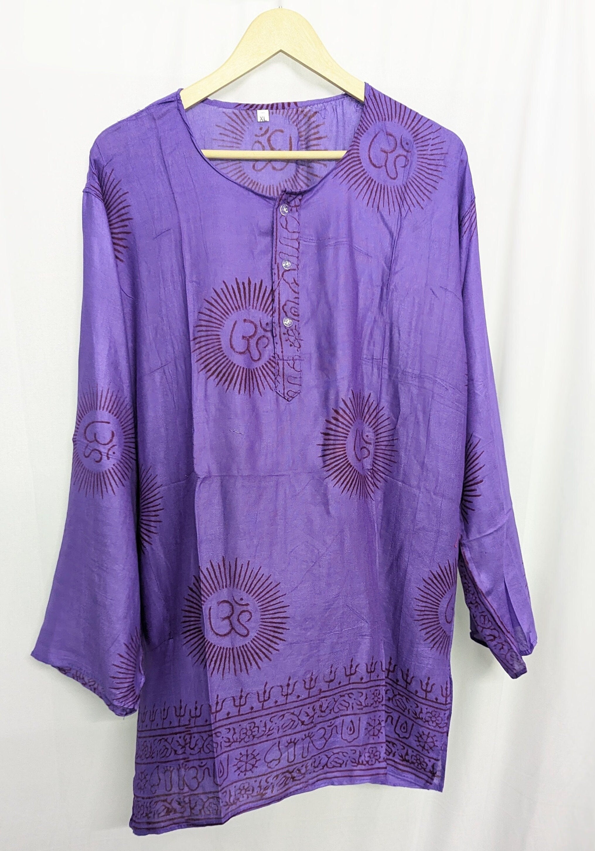 Handmade Rayon Om Shirt, Boho Festival Tunic, Block Printed (X-Large)