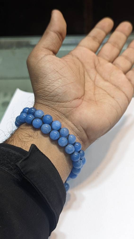 Natural Blue Jade Beaded Bracelet, Macrame Adjustable, Healing Gemstone