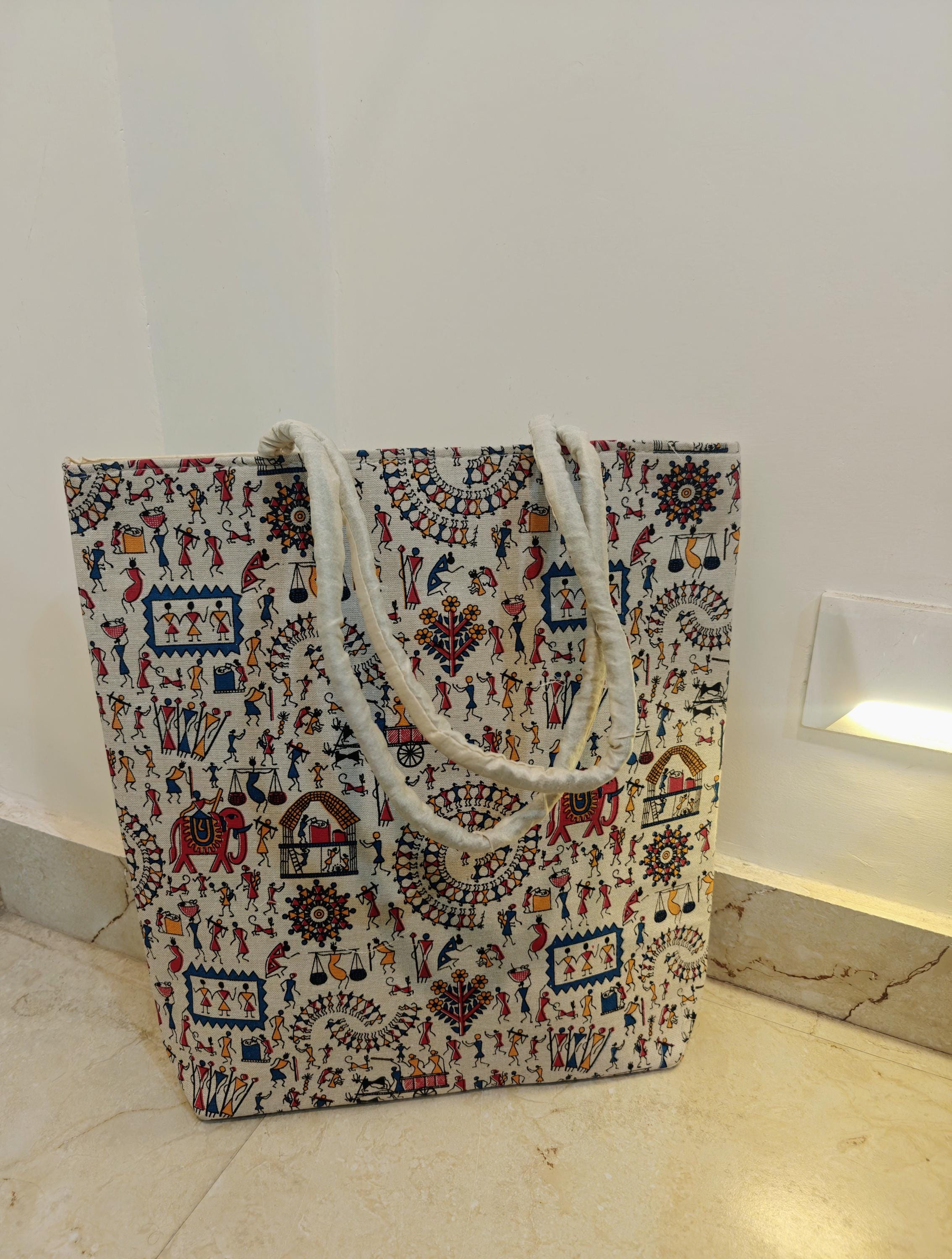 Canvas Tote Bag, Warli Art Folk Handbag, Eco-Friendly Cotton Shoulder Bag